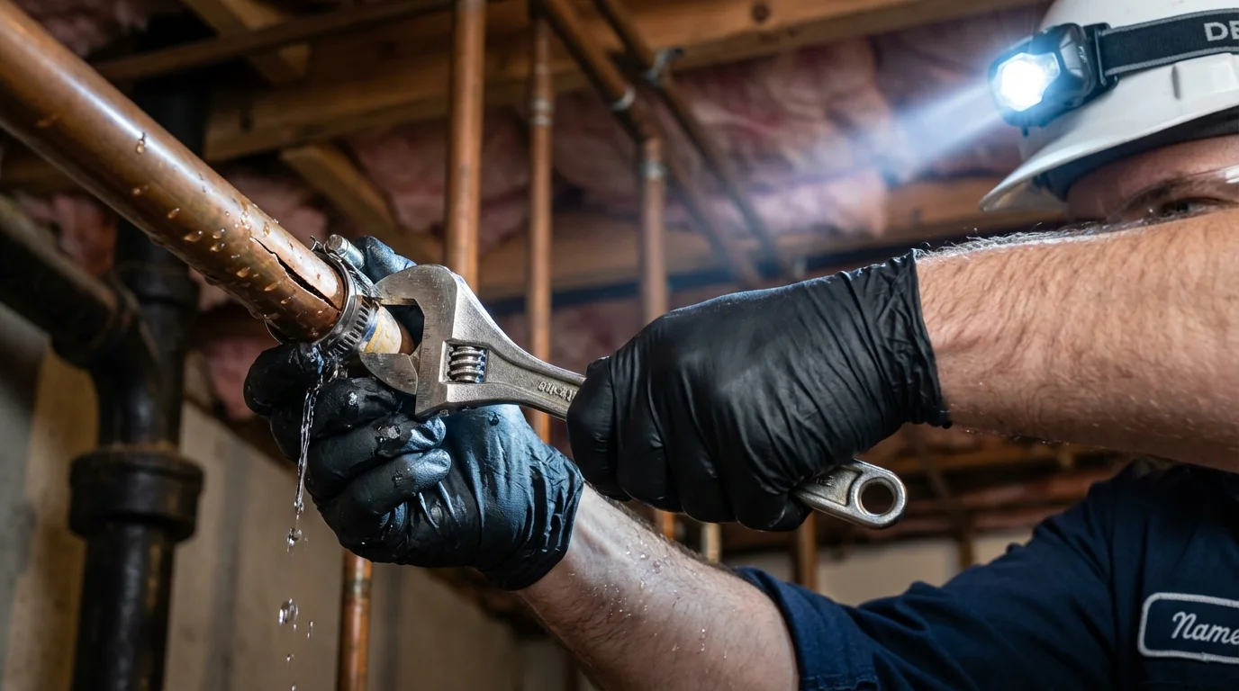 Emergency pipe clamp repair being performed by a Johns Plumbing LLC plumber in Clarkton