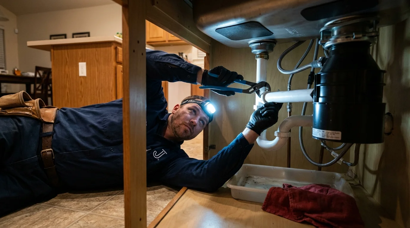 P-trap and supply line connections under a kitchen sink showing a common leak point in Clarkton, MO